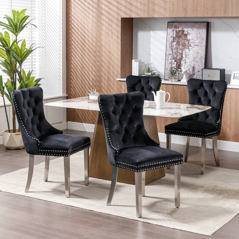 Set of 2 Velvet Dining Chairs with Nailhead Trim and Chrome-Plated Stainless Steel Legs