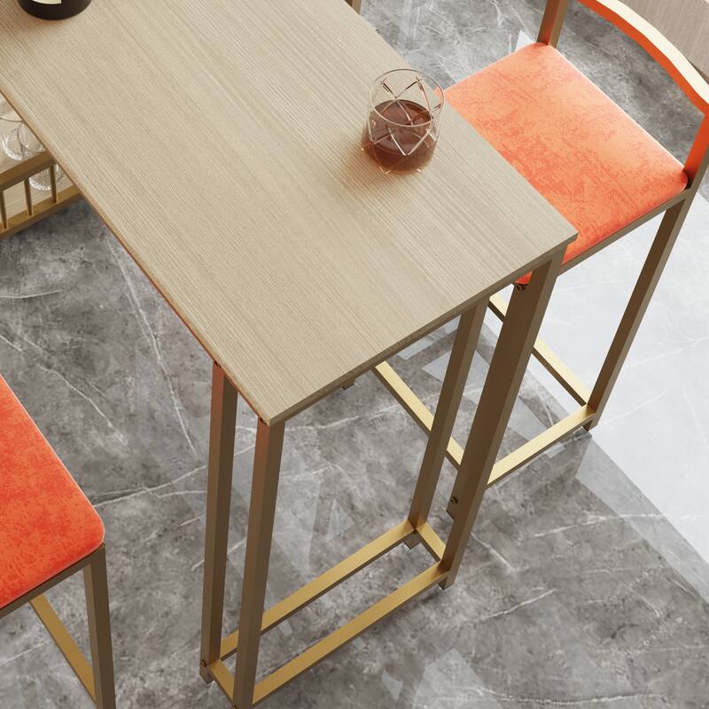 5 Piece Bar Table Set, Counter Height Kitchen Table Set, Metal Table and Chairs Set with 4 Upholstered Chairs & Storage Shelves