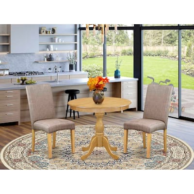 3-Piece Natural Oak Finish Solid Wood Top - Round Dining Room Set with High Back - Seats 4