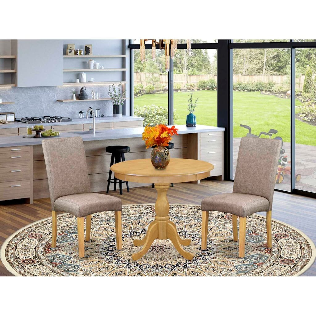 3-Piece Natural Oak Finish Solid Wood Top - Round Dining Room Set with High Back - Seats 4