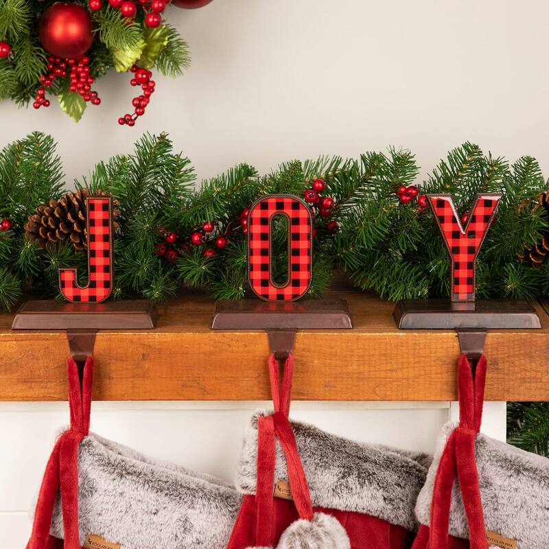 Set of 3 Red Black Buffalo Plaid "JOY" Christmas Stocking Holder 6"