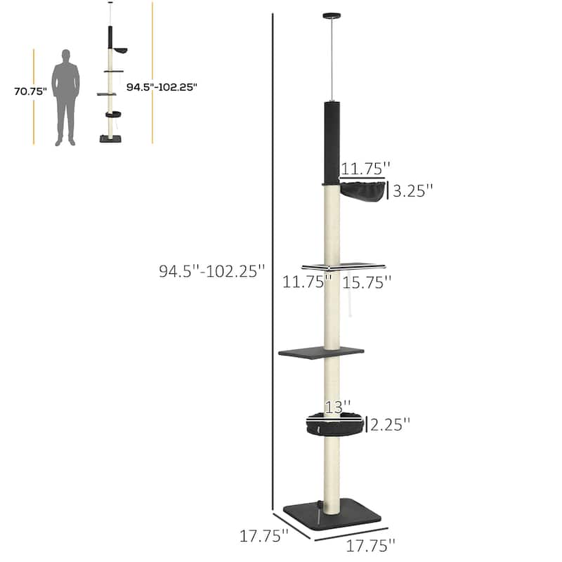 94"-106" Adjustable Cat Tree Tower with Hammock, Bed & Sisal Posts - 17.75" L x 17.75" W x 94.5" -106.25" H