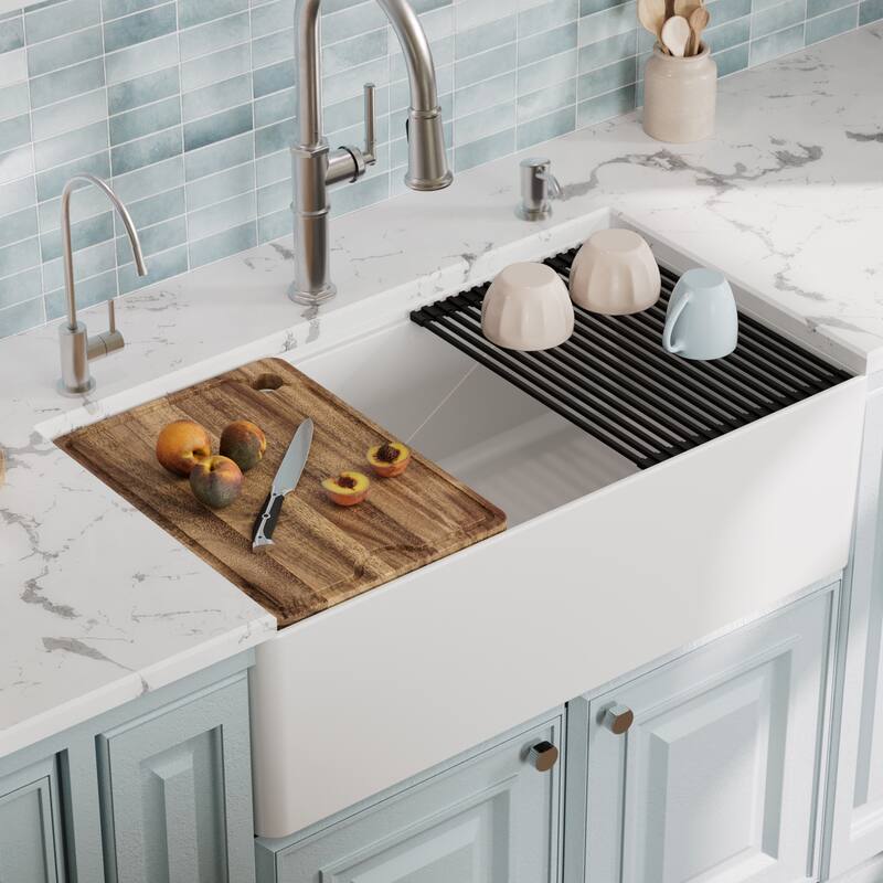 Karran 33" Single Bowl Workstation Fireclay Kitchen Sink with Reversible Diamond/Flat Apron Front