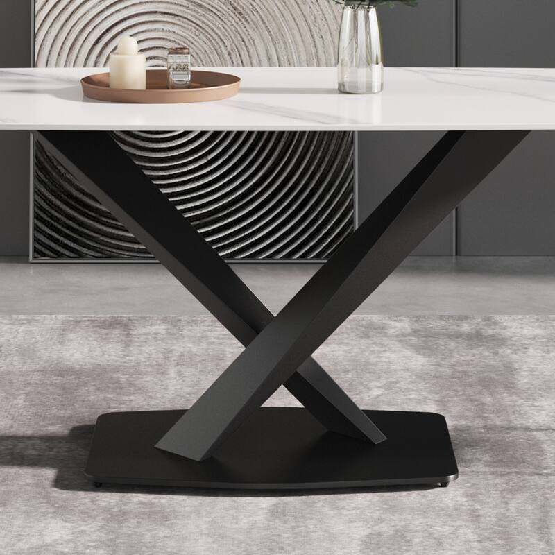 70.87"Modern artificial stone white curved black metal leg dining table-can accommodate 6-8 people