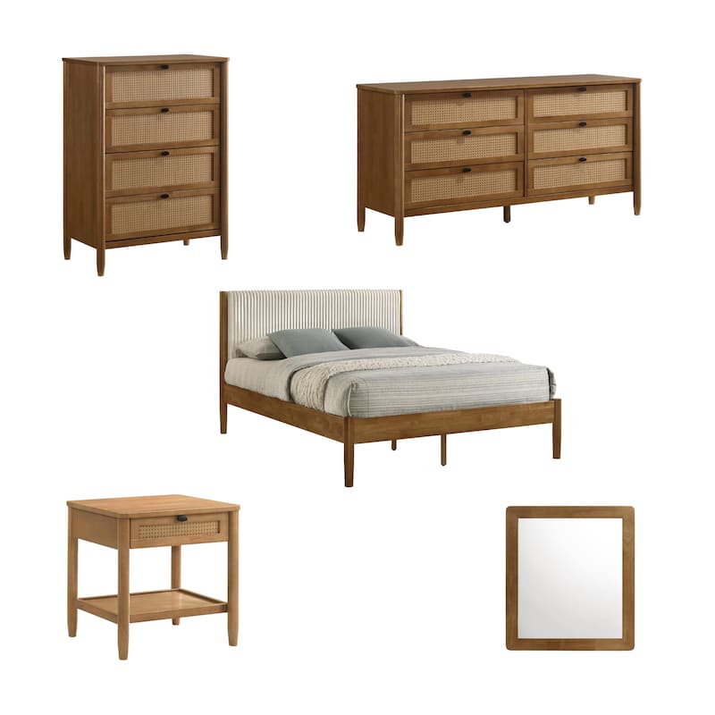 Roundhill Furniture Vichy 5-Piece Rattan Bedroom Set with Upholstered Queen Bed, Dresser, Mirror, Nightstand, and Chest