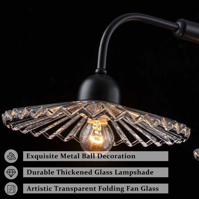 3-Light Black Linear Pendant Light with Pleated Clear Glass Shades - Dia.35.43-in