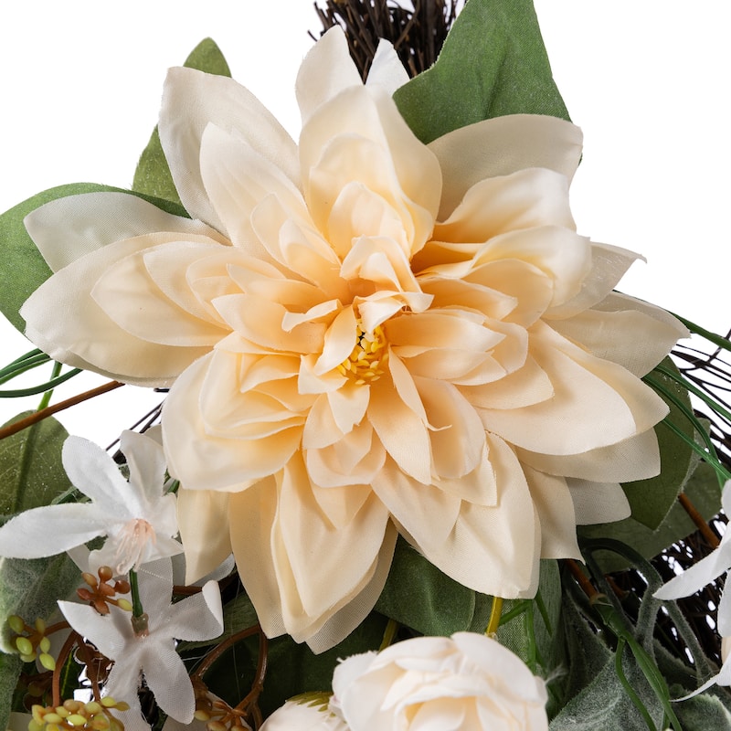 Glitzhome Peach Dahlia Floral Wreath Teardrop Garland