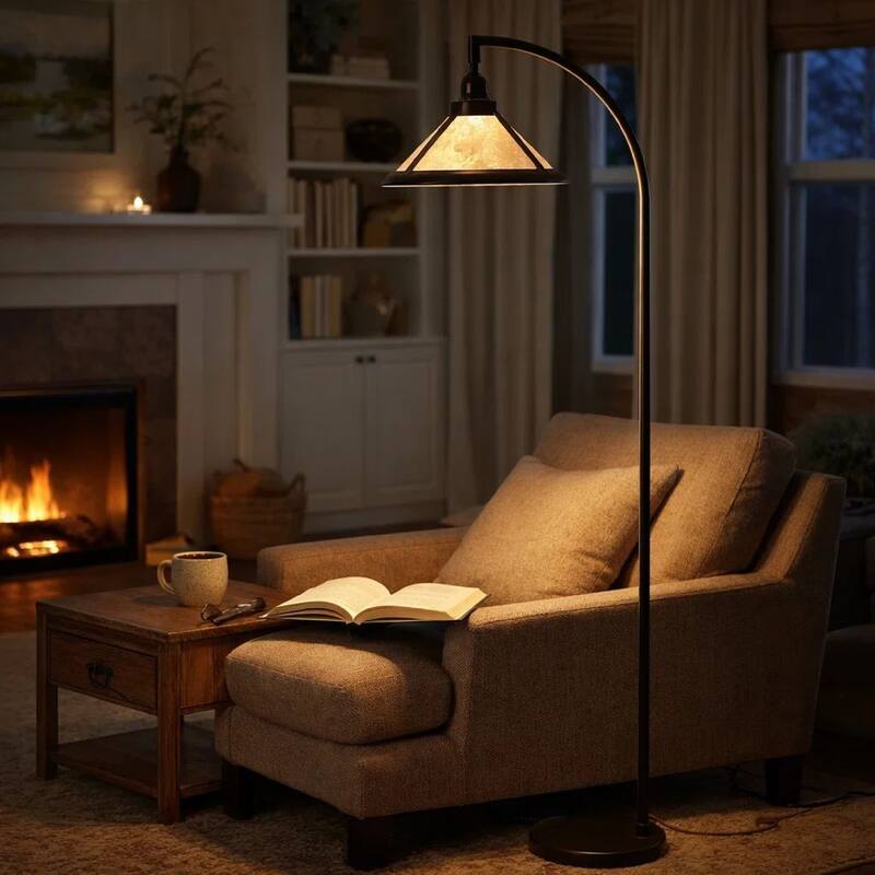 Cyan 65 Inch Adjustable Metal Arc Floor Lamp, White Mica Shade, Dark Bronze