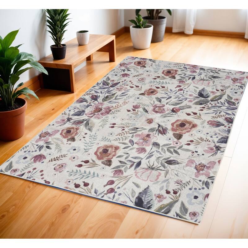 Loxa Power Loomed Floral Traditional Non Skid Low Pile Area Rug By HomeRoots - 72' X '48' X '0.25 - 72' X '48' X '0.25 - Pink and Ivory - Rectangle