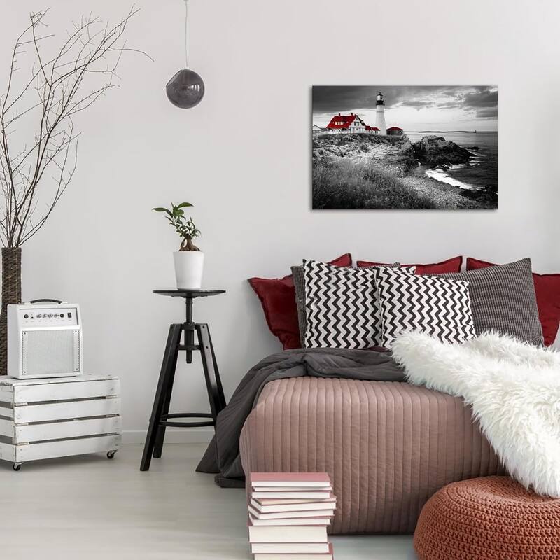 Black and White Red Wall Art Portland Lighthouse Landscape