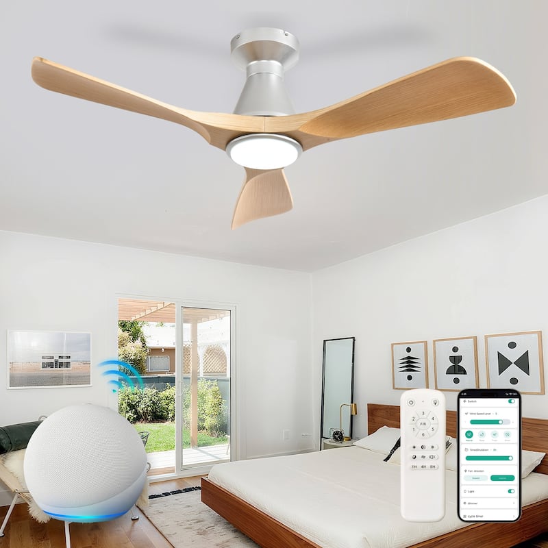 Ceiling Fans with Lights and APP: Flush Mount Low Profile Ceiling Fan for Bedroom - Dimmable Indoor Outdoor Fan - 42in - Wood