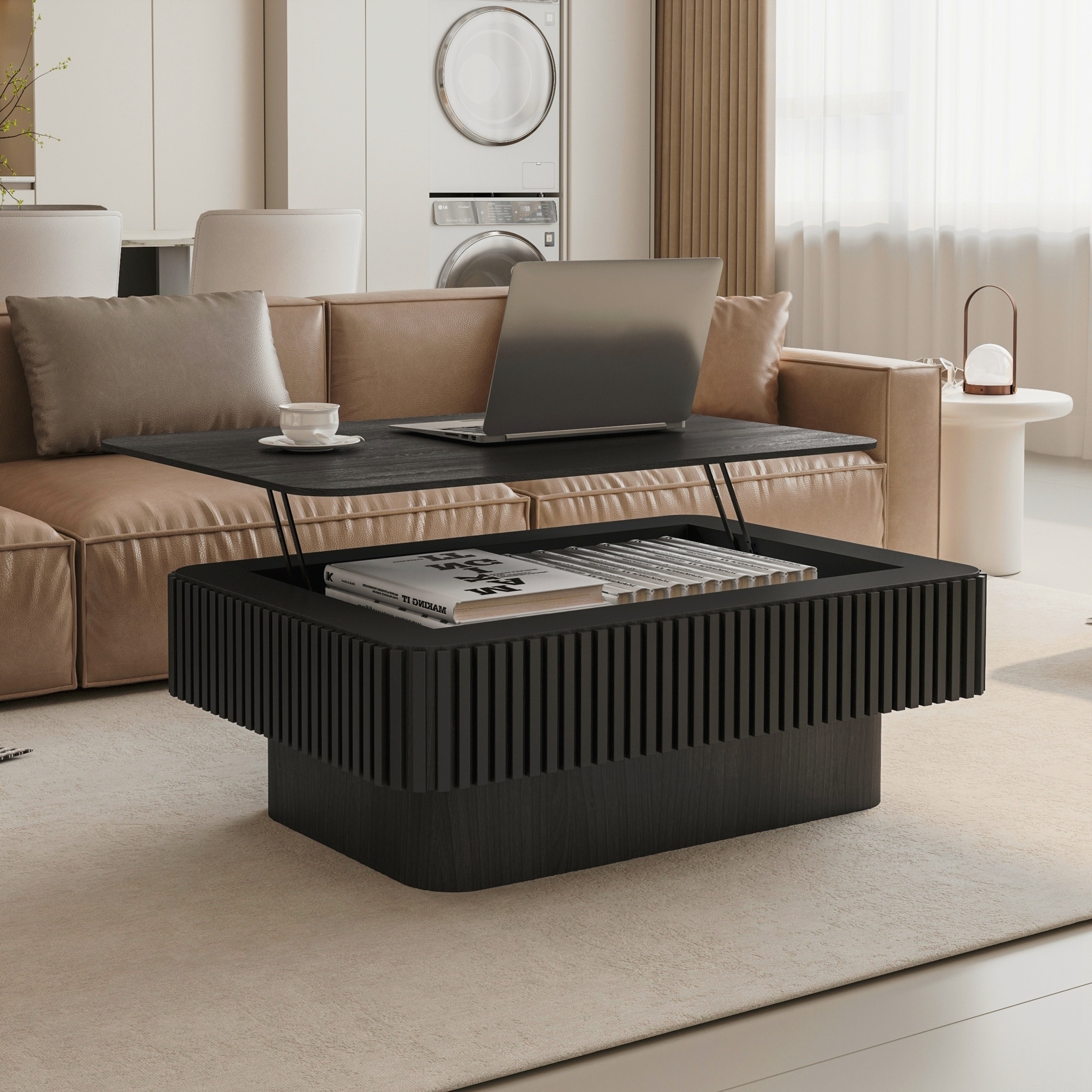 Coffee Table Solid Wood Veneered Modern Coffee Table Accent Tea Table with Storage and Adjustable Height for Living Room