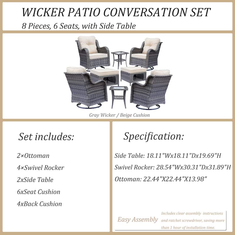 8 Piece Outdoor Patio Swivel Glider Chairs Ottoman Set with Side Table