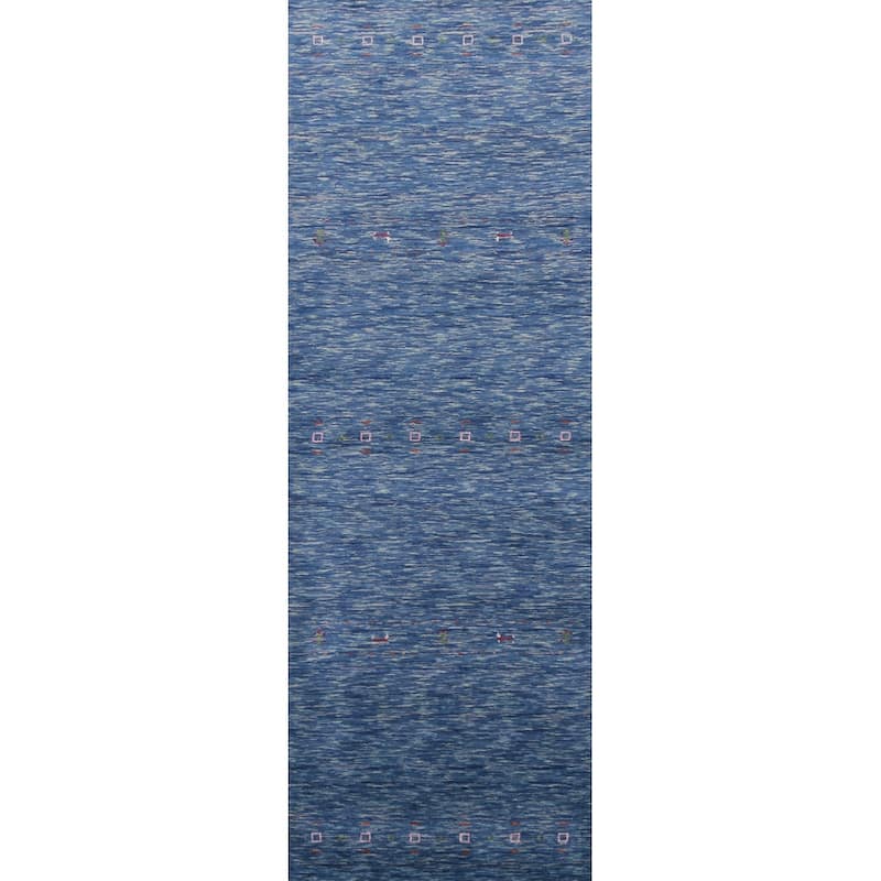 Hand Knotted Oriental 100% Wool Carpet Tribal Tribal Navy Blue & Blues Gabbeh Runner Rug - 9' 9'' X 2' 7''