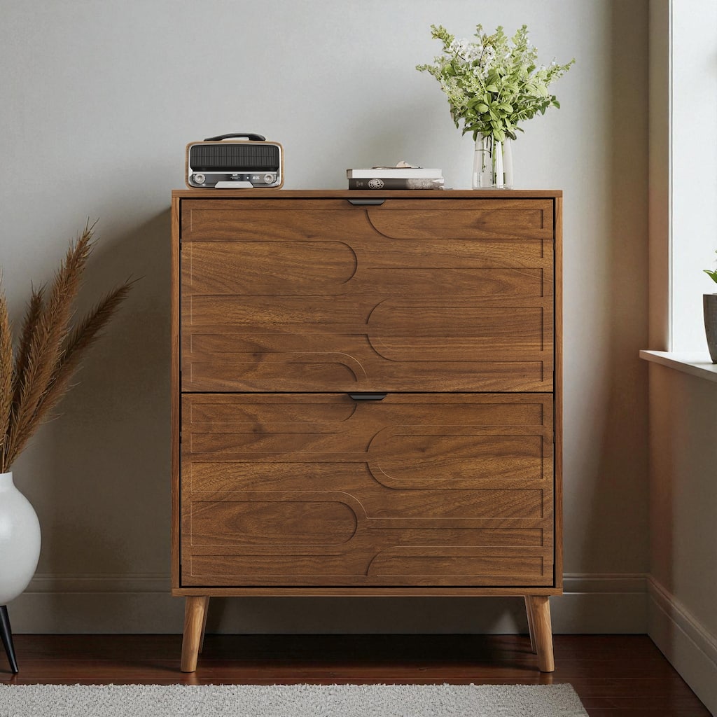 31.5" Walnut Shoe Cabinet with 2 Flip Drawers, Modern Farmhouse Shoe Storage Organizer for Entryway or Hallway