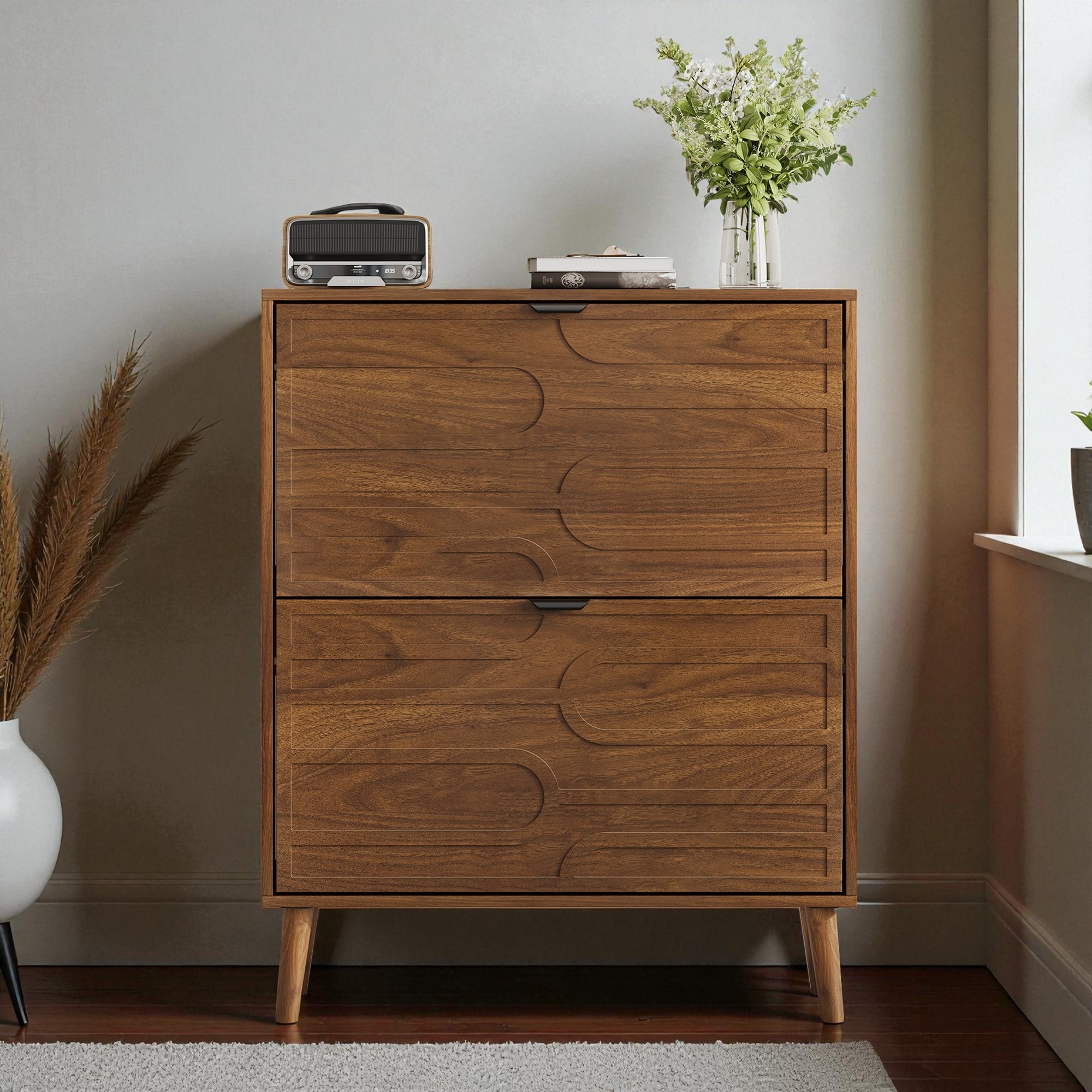 31.5" Walnut Shoe Cabinet with 2 Flip Drawers, Modern Farmhouse Shoe Storage Organizer for Entryway or Hallway