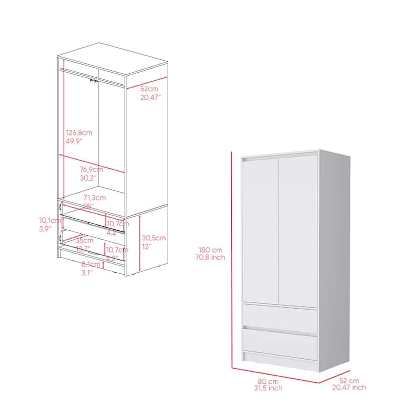 20.47" Modern Double-door Armoire with Hanging Rod and Two Drawers for Bedroom