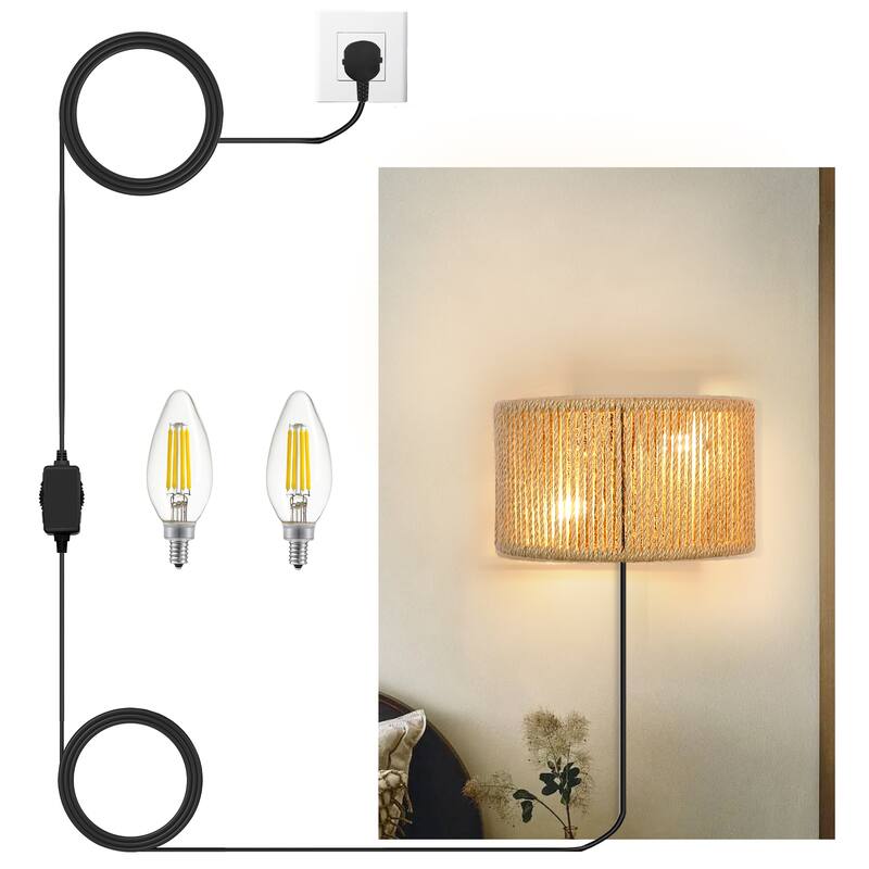 Bohemian Plug in Wall Light Fixtures Hand Woven Wall Sconce with Switch - 2-Light - 2-Light - Off-white