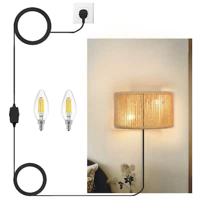 Bohemian Plug in Wall Light Fixtures Hand Woven Wall Sconce with Switch - 2-Light