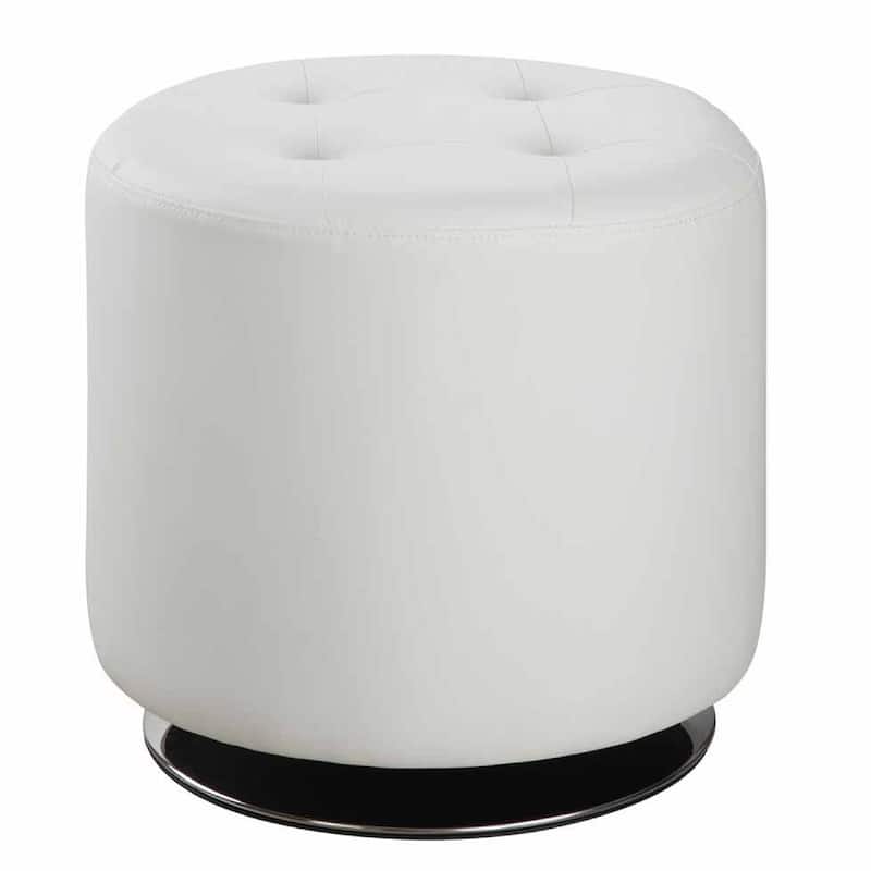 18 Inch Round Swivel Ottoman, Vegan Faux Leather, Tufted Seat, White, Chrome