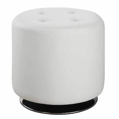 18 Inch Round Swivel Ottoman, Vegan Faux Leather, Tufted Seat, White, Chrome