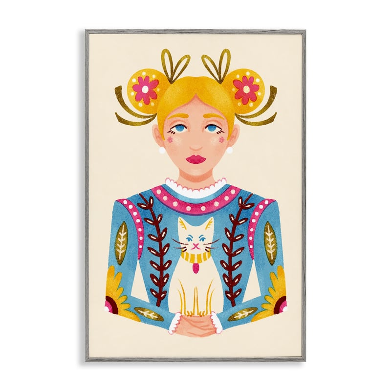 Stupell Blonde Folk Girl with Cat Framed Giclee Art Design By Hannah Moren - 20 x 30 - Grey
