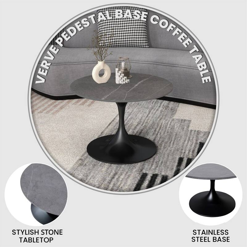 LeisureMod Verve 27" Round Coffee Table with Sintered Stone TableTop and Black Steel Base for Living & Bedroom