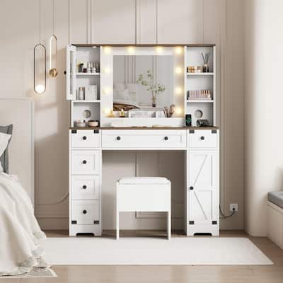 Makeup Vanity Desk with Mirror, Stool, 6 Drawers, 2 Cabinets, Charging Station