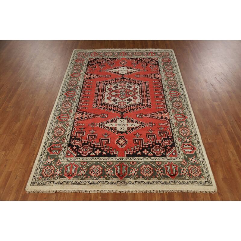 Geometric Viss Indian Area Rug Hand-Knotted Orange Wool Carpet - 6'0" x 9'0"