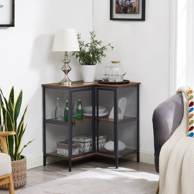 VECELO L-Shaped 3-Tier Corner Cabinet 29.4" End Table with Mesh Doors and Storage Shelves 90° Angle Design Free-Standing Table