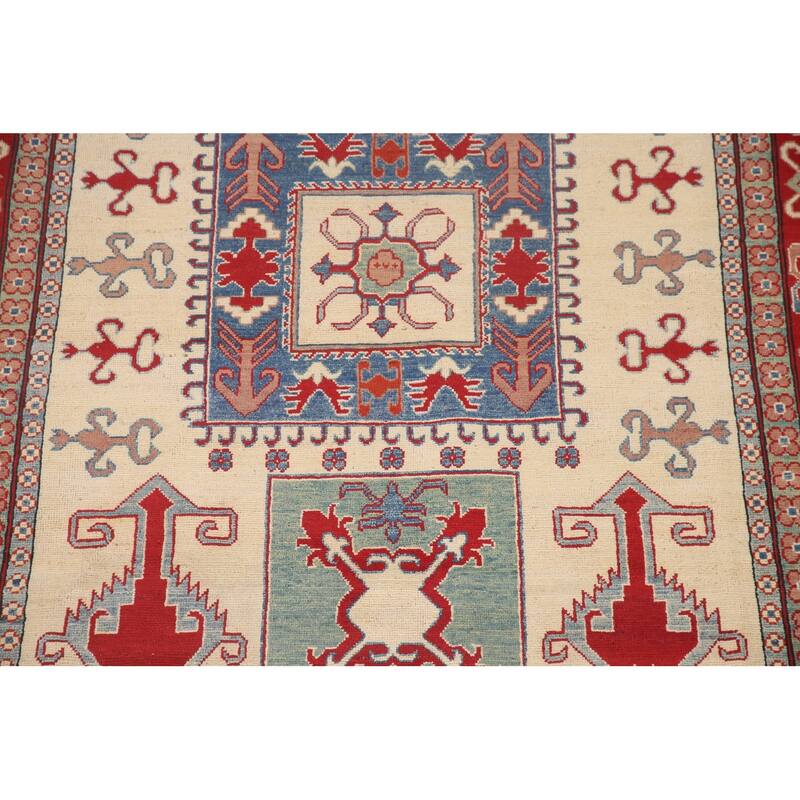 Hand Knotted Oriental 100% Wool Carpet Traditional Geometric Beige & Ivories Kazak Area Rug - 9' 8'' X 6' 6''