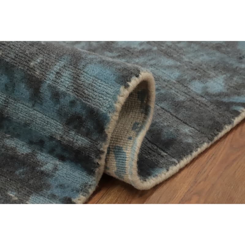 Hand Knotted Oriental Viscose Silk Carpet Modern Pictorial Navy Blue & Blues Abstract Area Rug - 5' 5'' X 3' 0''