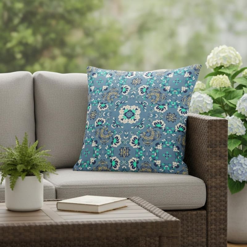 HomeRoots Set of Two 16" X 16" Blue and Green Blown Seam Floral Indoor Outdoor Throw Pillow - 16.00' X '16.00' X '5.00 - Blue/Green - 16.00' X '16.00' X '5.00