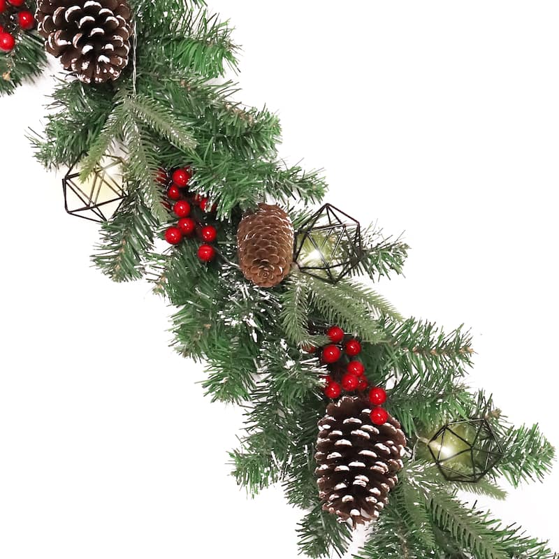6ft Artificial Mixed Frosted Berry Pine Cone & Pine Christmas Garland with Geometric Octagon String Light Set