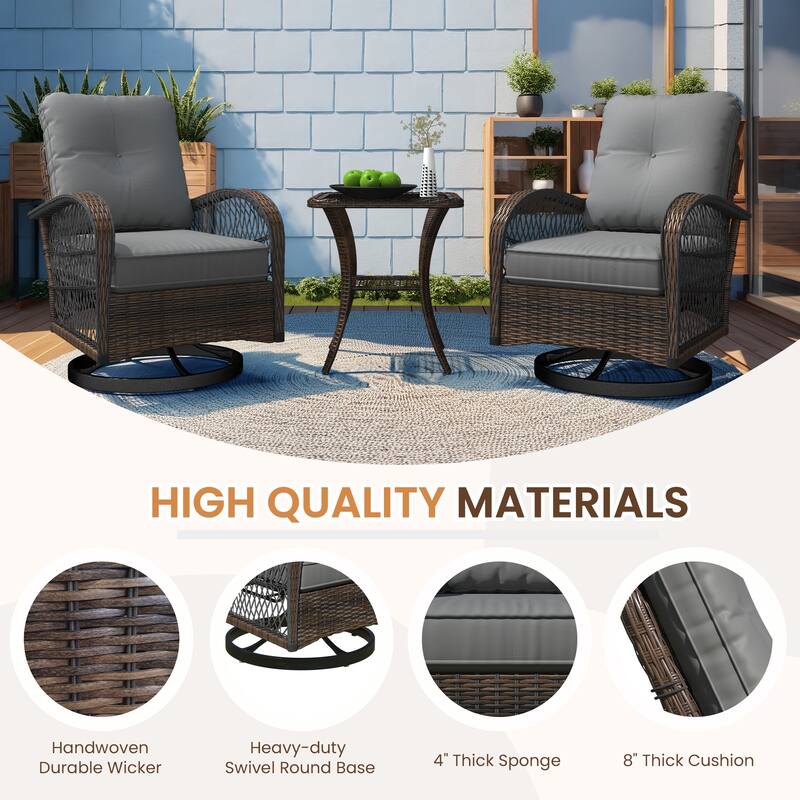 Outdoor Swivel Rocker Bistro Set - 3 Piece Wicker Patio Set with Swivel Rocking Chairs, Cushions, and Tempered Glass Side Table