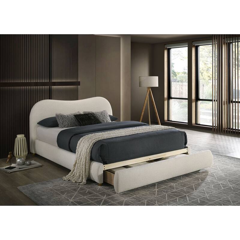 White Finish Contemporary Curved Headboard Storage 1PC Bed Upholstered