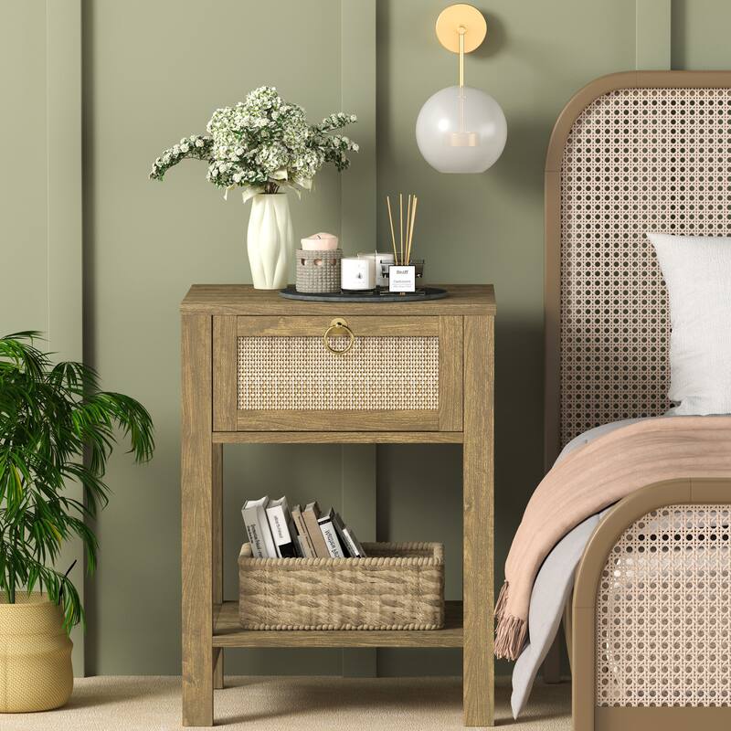 SICOTAS Farmhouse 1-Drawer Rattan Nightstand