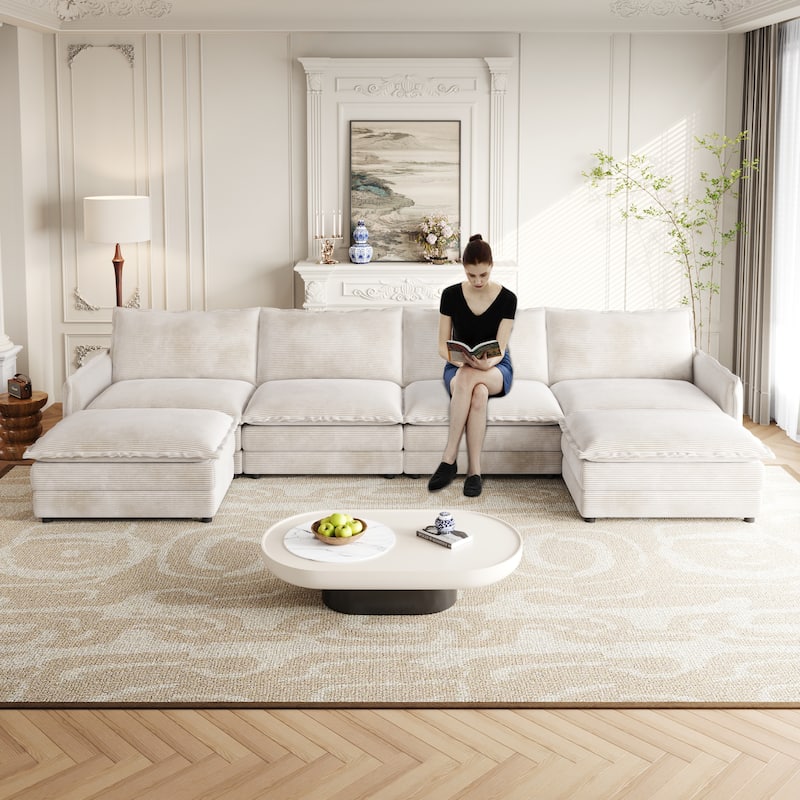 142" Corduroy 4-Seater Cloud Sectional Sofa with 2 Ottomans - Beige