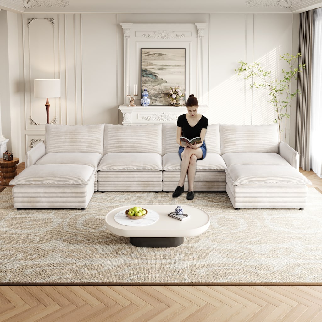 142" Corduroy 4-Seater Cloud Sectional Sofa with 2 Ottomans
