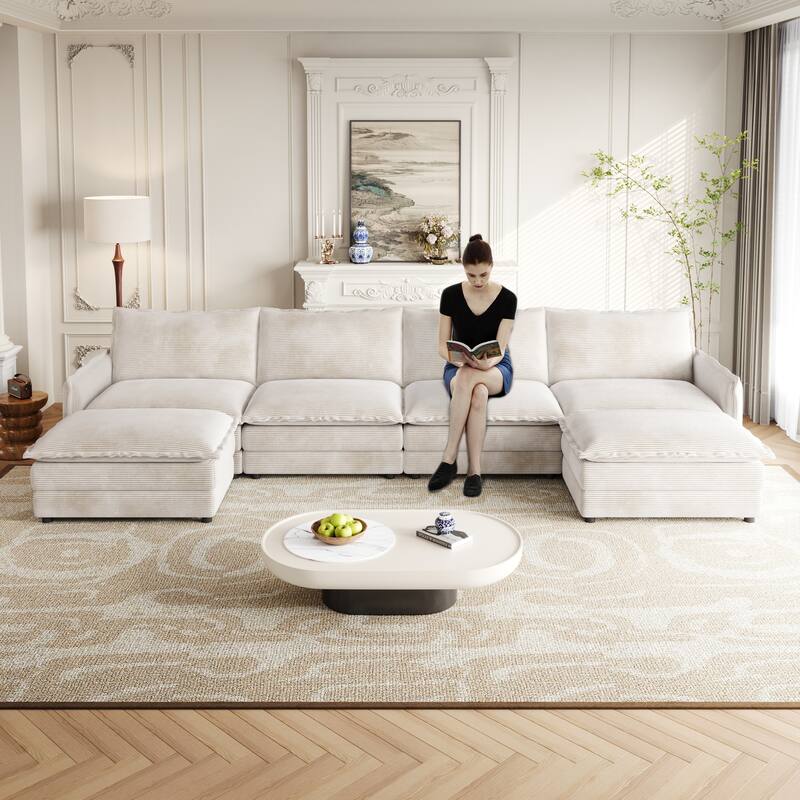 4-Seater Couch with 2 Ottomans, Corduroy Upholstered Cloud Sectional Deep Seat Sleeper Sofa U-Shaped Modular Couch - Beige