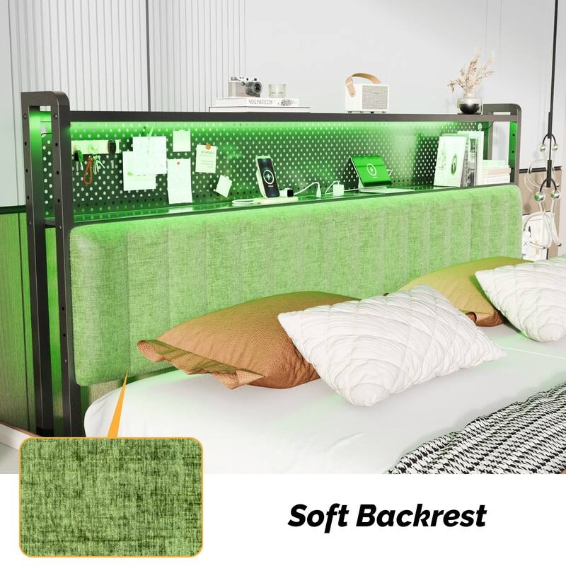 Adjustable Upholstered Headboard with 2 Tier Shelves with Charging Stations and LED Lights, Modern Bed Headboard with Storage