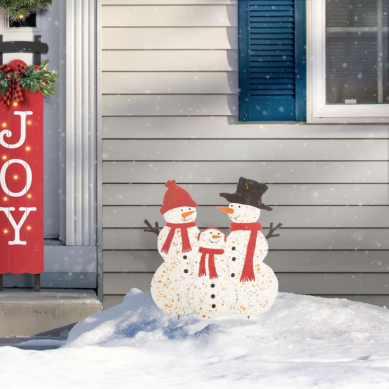 Glitzhome Rusty Metal Snowman Family Yard Stake or Standing Decor or Wall Decor - 30"H