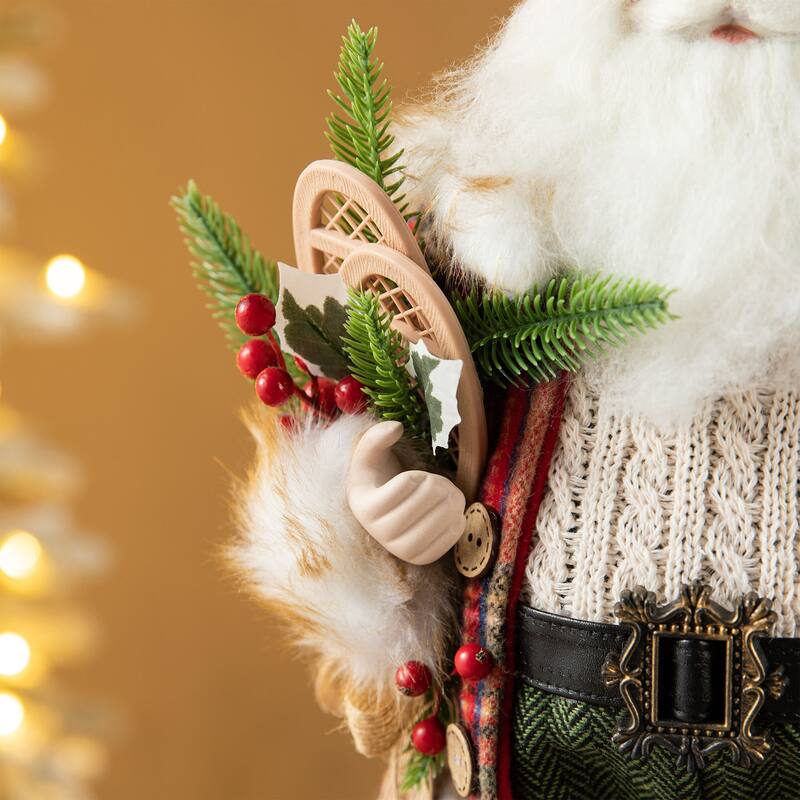 Glitzhome 18"H Faux Fur Christmas Santa Figurines with Porcelain Face