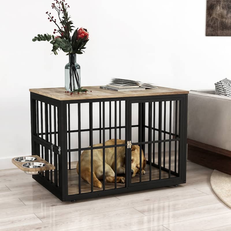 Double Dog Crate Furniture, TV Stand with Removable Divider and Feeding Bowls