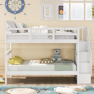 Contemporary Design Wood Bunk Bed with Staircase, Sturdy and Durable Frame, Maximized Storage Space, White