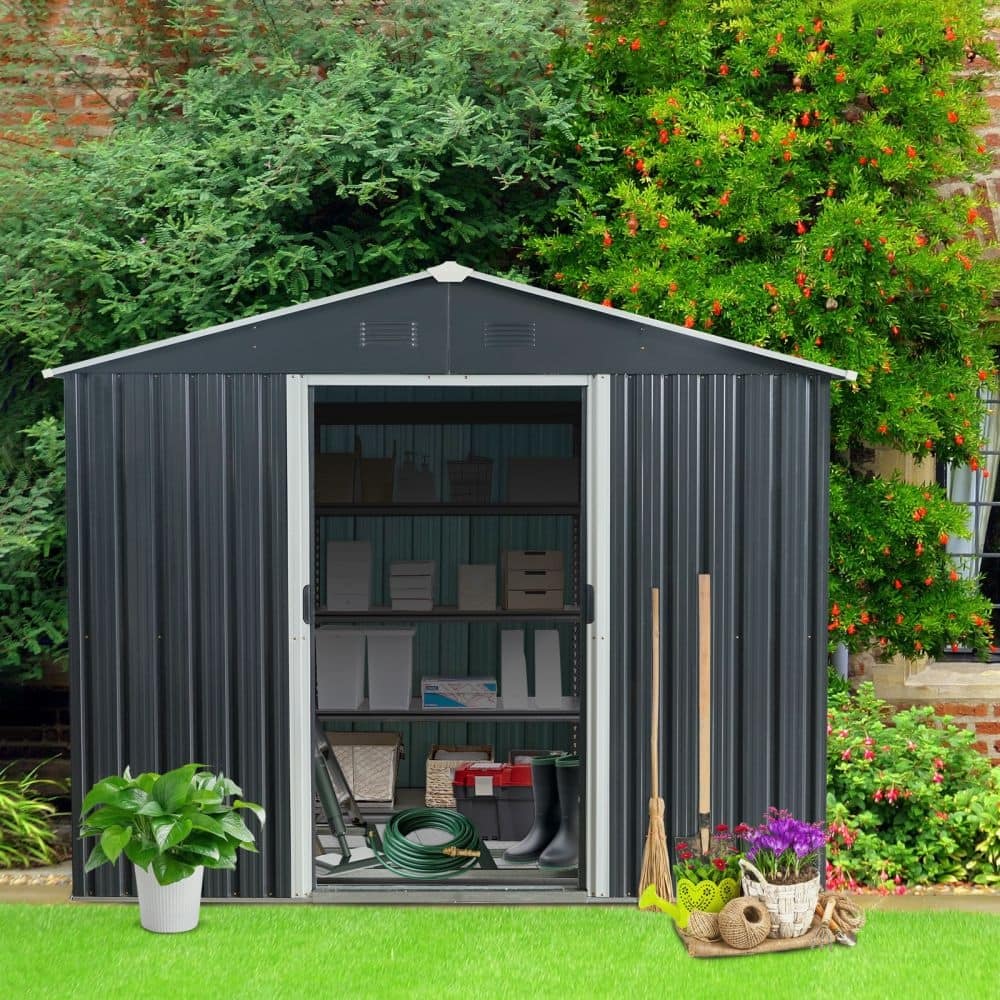 8ft x 10ft Outdoor Metal Storage Shed with Floor Base,Black