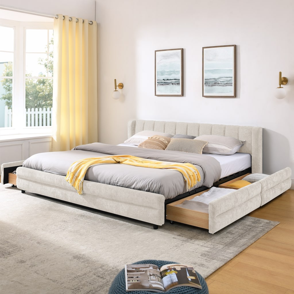 King Size Upholstered Chenille Bed with Headboard and Storage Drawer