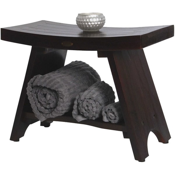 Compact Teak Corner Shower Outdoor Bench with Shelf in Brown Finish
