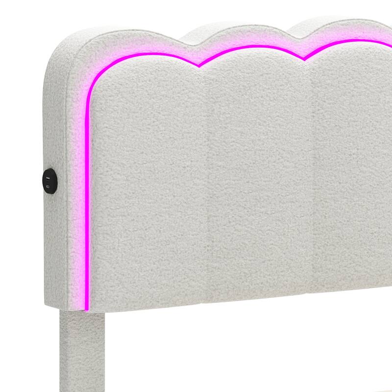 Moasis Lamb Wool Bed Frame with 2 Drawer, Adjustable Headboard with Charging Station and LED Lights
