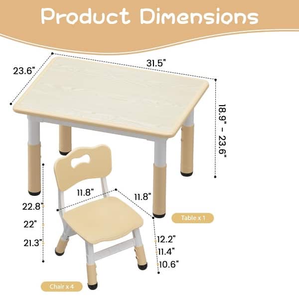 dimension image slide 1 of 4, Kids Table and 4 Chairs Set, Height Adjustable Toddler Table and Chair Set